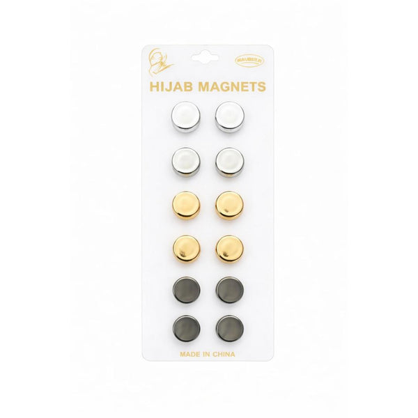 Packaging of hijab magnets with gold, silver, and black colors on a white background.