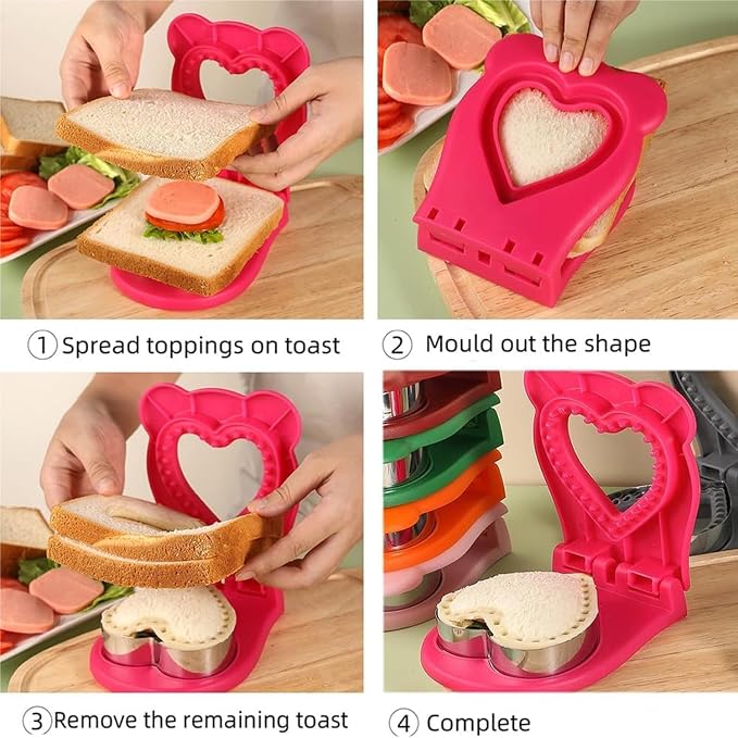Step-by-step sandwich cutter and sealer demo showing how to place bread, add filling, press, and create fun shapes.