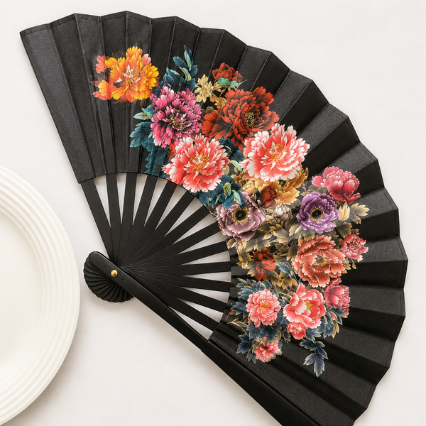 Black floral hand fan by 7AGAT with vintage style, durable plastic and leather, perfect for weddings, parties, and celebrations.