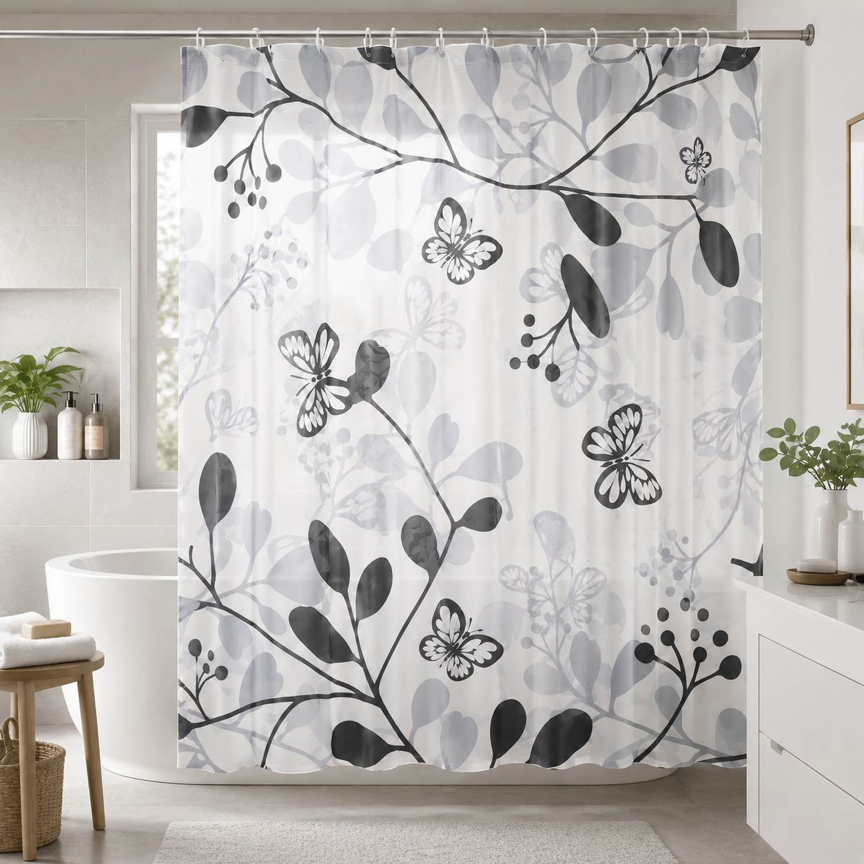 7AGAT black and grey butterfly leaf pattern waterproof shower curtain with 12 hooks, modern bathroom decor for home and hotel use