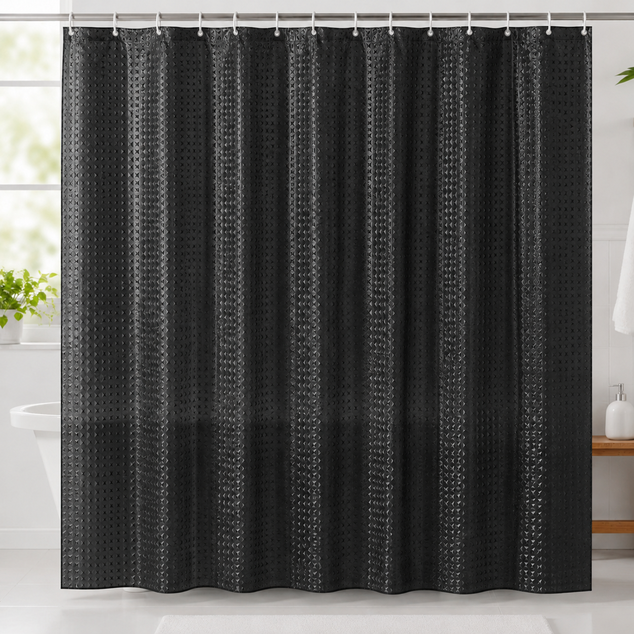 Black textured 7AGAT waterproof shower curtain with 12 hooks, modern bathroom fixture for home or hotel use.