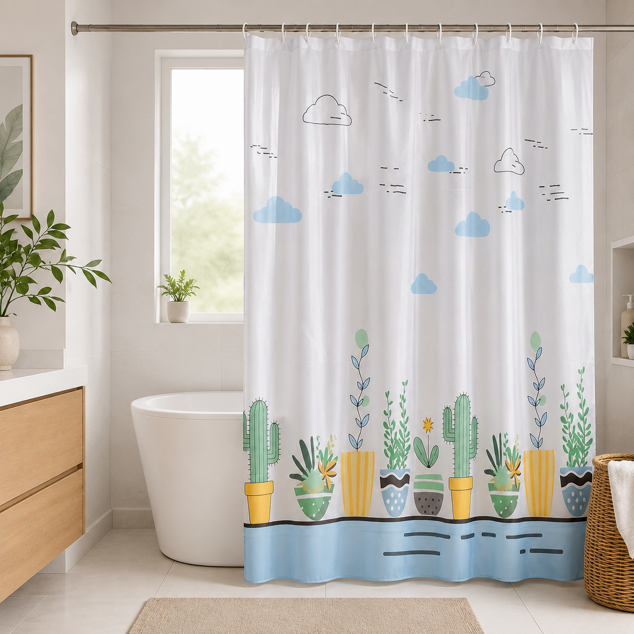 7AGAT waterproof shower curtain with cactus and cloud pattern, modern bathroom fixture with 12 hooks for home or hotel use