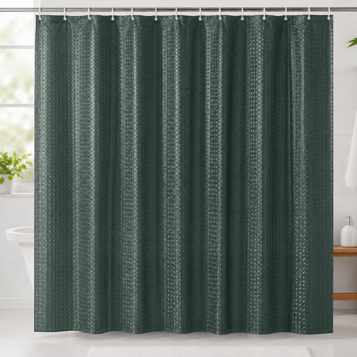 Dark green textured shower curtain by 7AGAT with 12 hooks, waterproof bathroom fixture for modern home and hotel use.