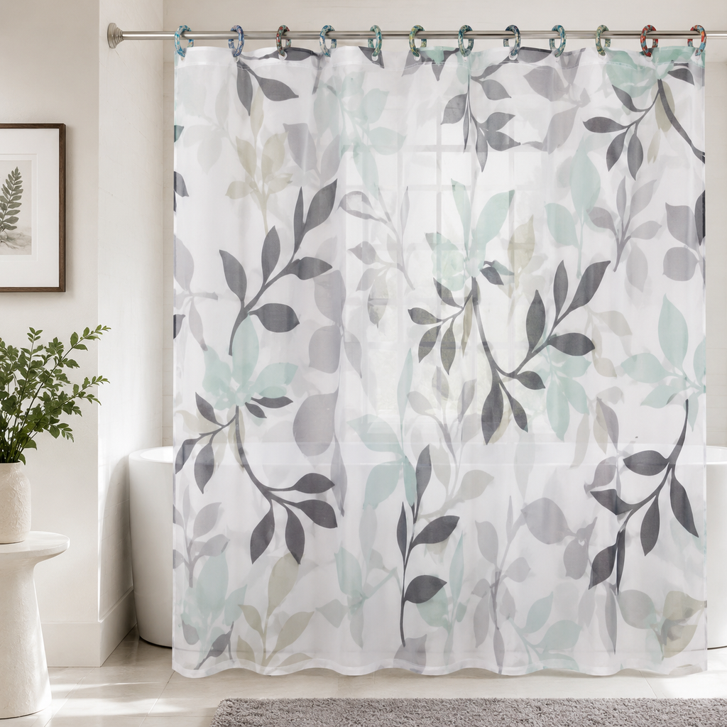 7AGAT waterproof shower curtain with green leaf pattern, modern design, includes 12 hooks for bathroom or hotel use.