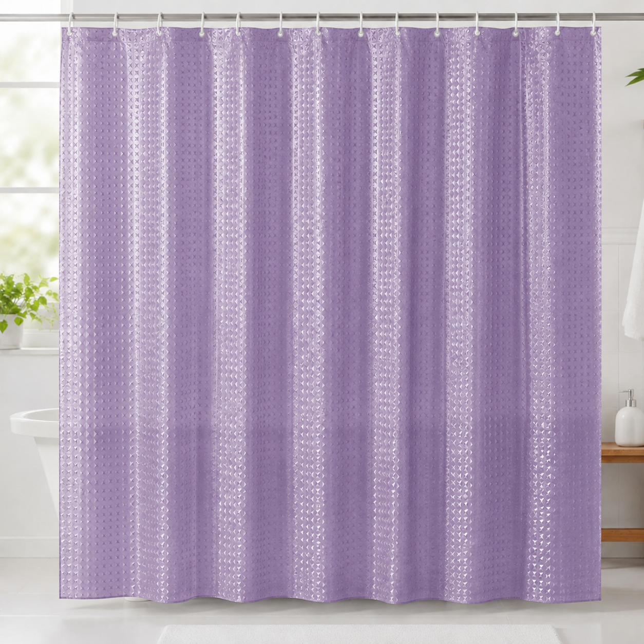 7AGAT lavender textured waterproof shower curtain with 12 hooks, modern bathroom fixture for home and hotel use