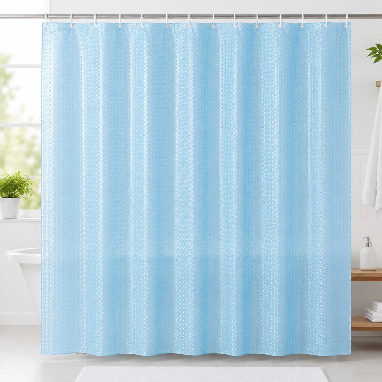 Light blue textured 7AGAT waterproof shower curtain with 12 hooks, modern bathroom fixture for home or hotel use.