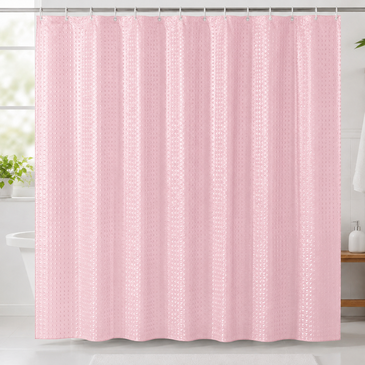 Light pink textured 7AGAT waterproof shower curtain with 12 hooks, modern design for bathroom or hotel use.