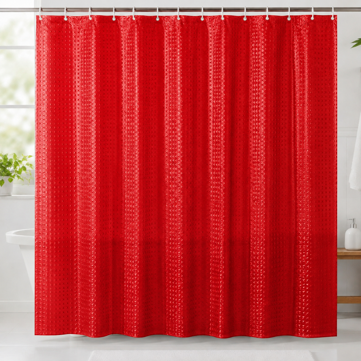 Red textured 7AGAT waterproof shower curtain with 12 hooks, modern design for bathroom and hotel use.