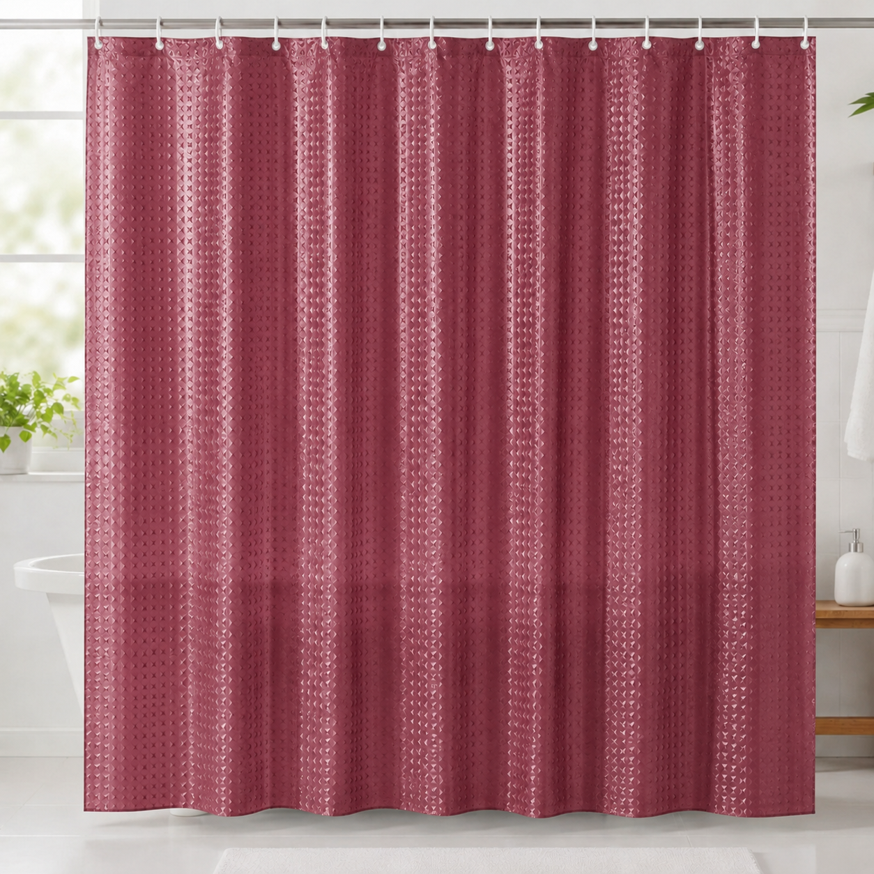 Pink textured 7AGAT waterproof shower curtain with 12 hooks, modern bathroom fixture for home or hotel use.