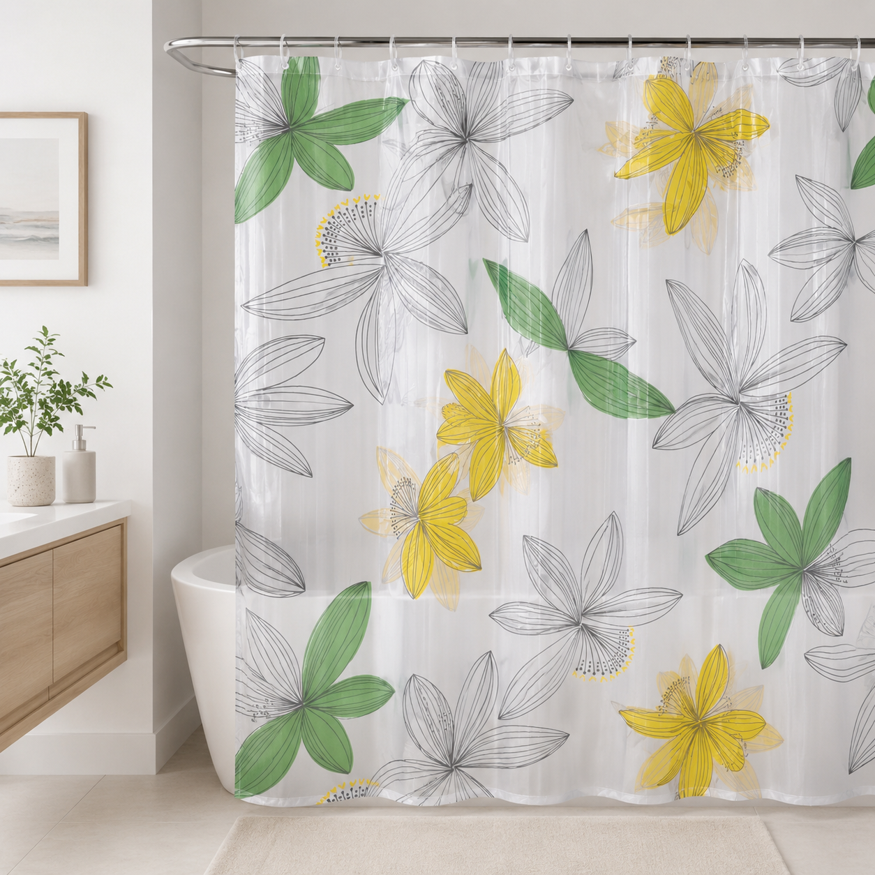 7AGAT waterproof yellow-green floral shower curtain with 12 hooks, modern bathroom fixture for home and hotel use