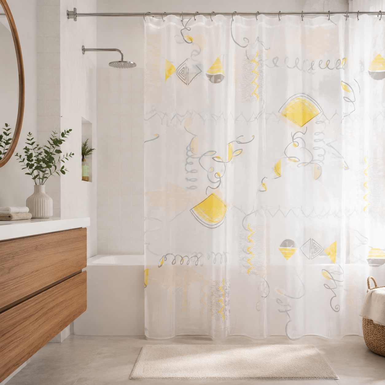 7AGAT waterproof shower curtain with yellow and grey abstract pattern, includes 12 hooks, modern bathroom decor for home or hotel.