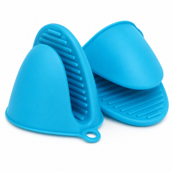 Set of two multicolor silicone pinch mitts for heat-resistant, non-slip kitchen gloves and flexible pot holders for cooking and baking.