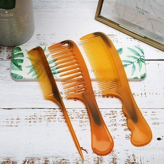Set of four 7AGAT premium brown hair combs, including fine and wide-tooth styling, teasing, and parting combs for all hair types.