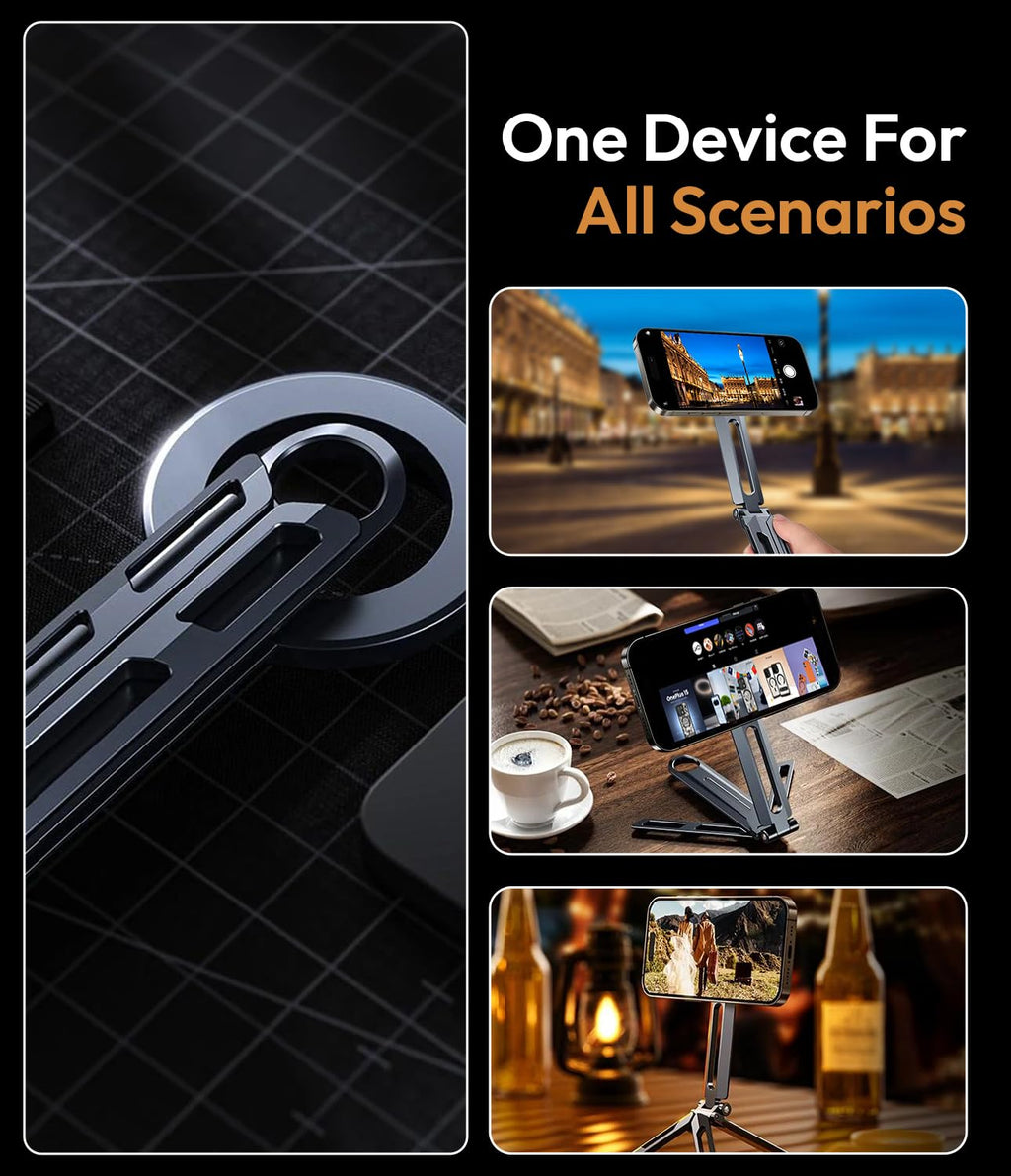 7AGAT MagSafe magnetic phone mount with foldable design and 1/4" tripod mount for smartphone photography and content creation.