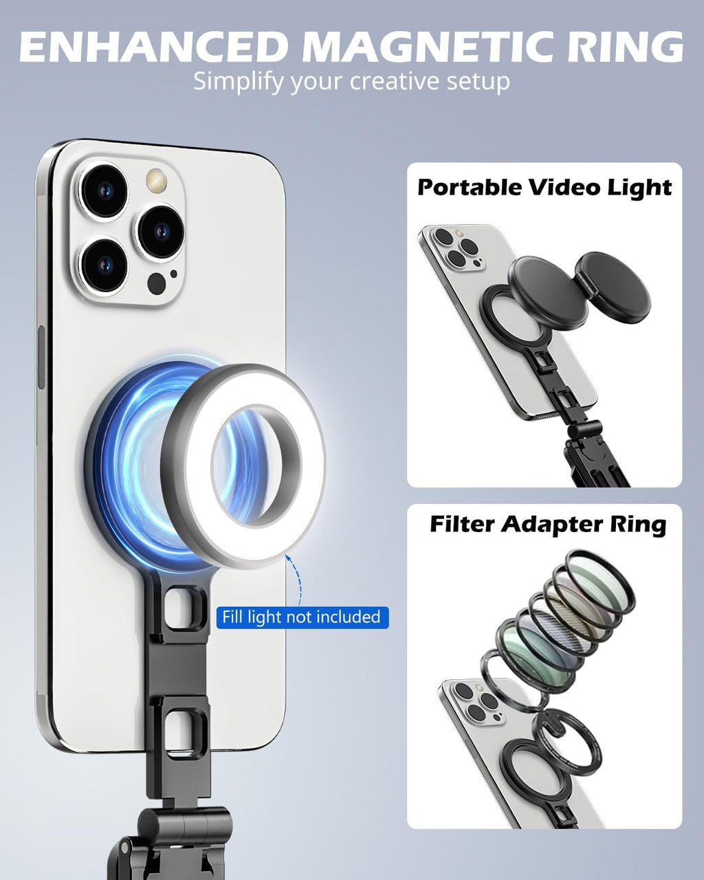 7AGAT MagSafe magnetic phone mount with foldable design, 1/4" tripod mount for smartphone photography and content creation.