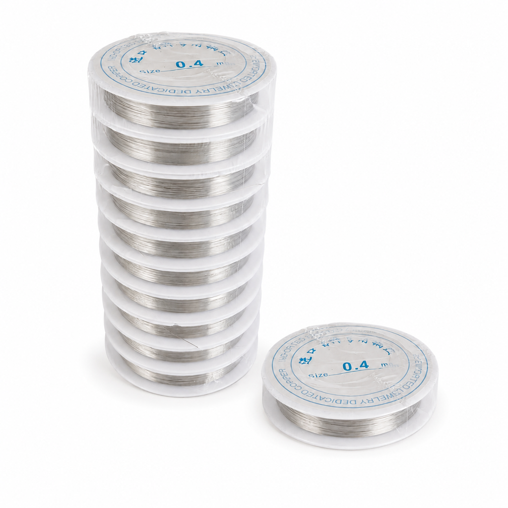 Two clear plastic spools of silver-colored metal wire, one stacked in a tall column and one sitting beside it, on a plain white background.