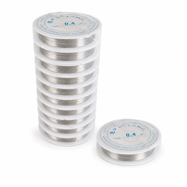 Two clear plastic spools of silver-colored metal wire, one stacked in a tall column and one sitting beside it, on a plain white background.