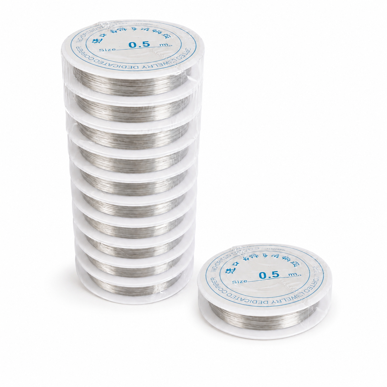 Two clear plastic spools of silver-colored dental wire, one stacked in a tall column and one standing alone, both labeled '0.5 mm' on a white background.