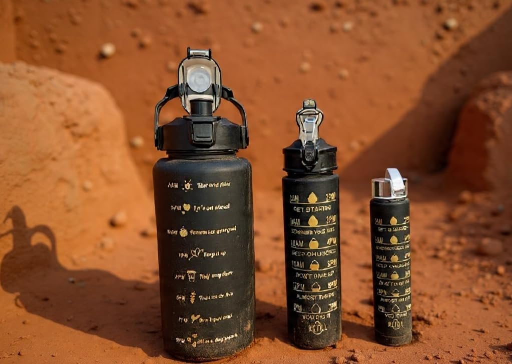Three black insulated water bottles with gold printed text and designs, standing on reddish-brown sandy ground outdoors.