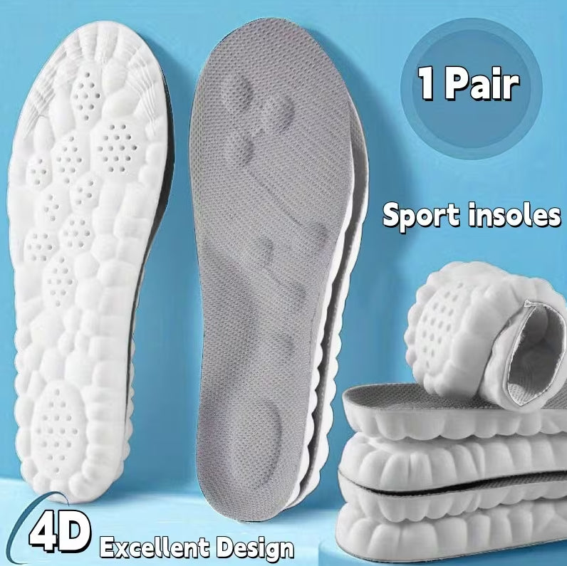 A pair of white and gray 4D sport shoe insoles shown from both the top and bottom views, with a stack of folded insoles on the right. The background is a solid light blue, with text overlays reading '1 Pair', 'Sport insoles', and '4D Excellent Design'.