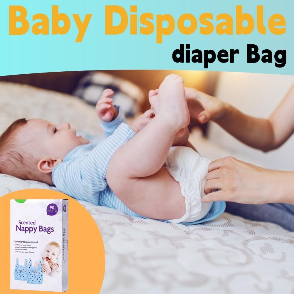 A baby lying on a bed with an adult's hands adjusting the diaper, with large text reading 'Baby Disposable diaper Bag' at the top and a box of scented nappy bags shown in the lower left.