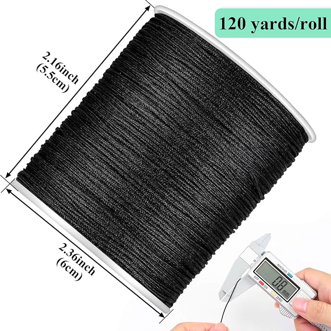 Black cord roll with measurements and a digital caliper on a white background