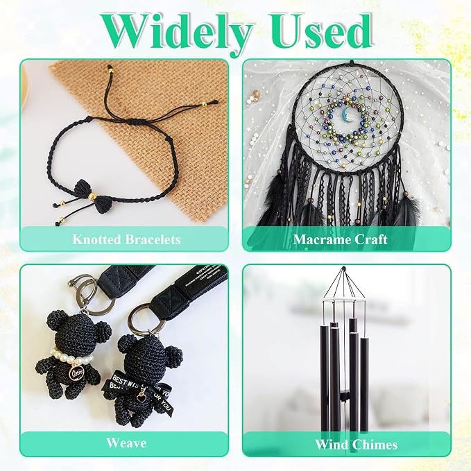 A 2x2 collage with the headline 'Widely Used' showing four different handmade items: a black knotted bracelet, a macrame dreamcatcher, two black crocheted bear keychains labeled 'Weave', and black wind chimes.