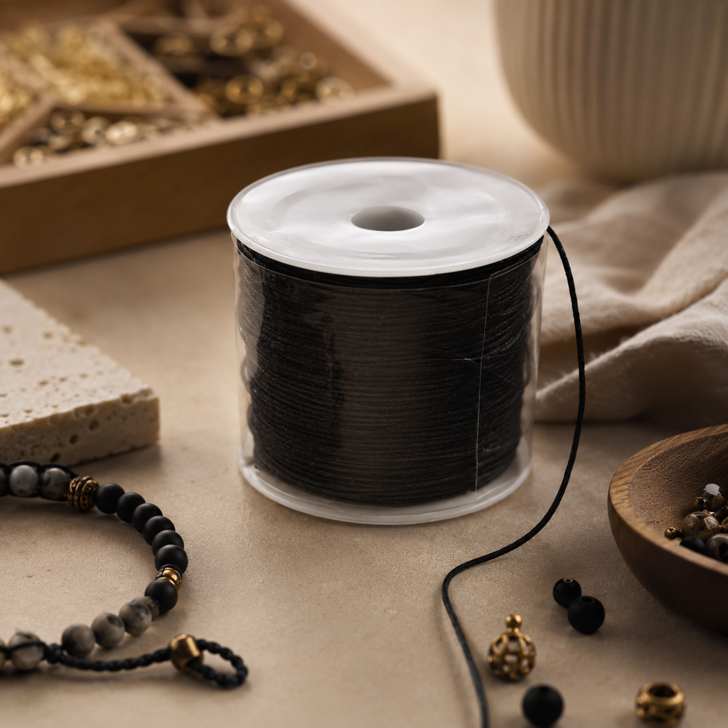 A spool of black cord or thread sits on a beige tabletop with jewelry-making props around it, including beads, a wooden tray, fabric, and a ceramic vase.