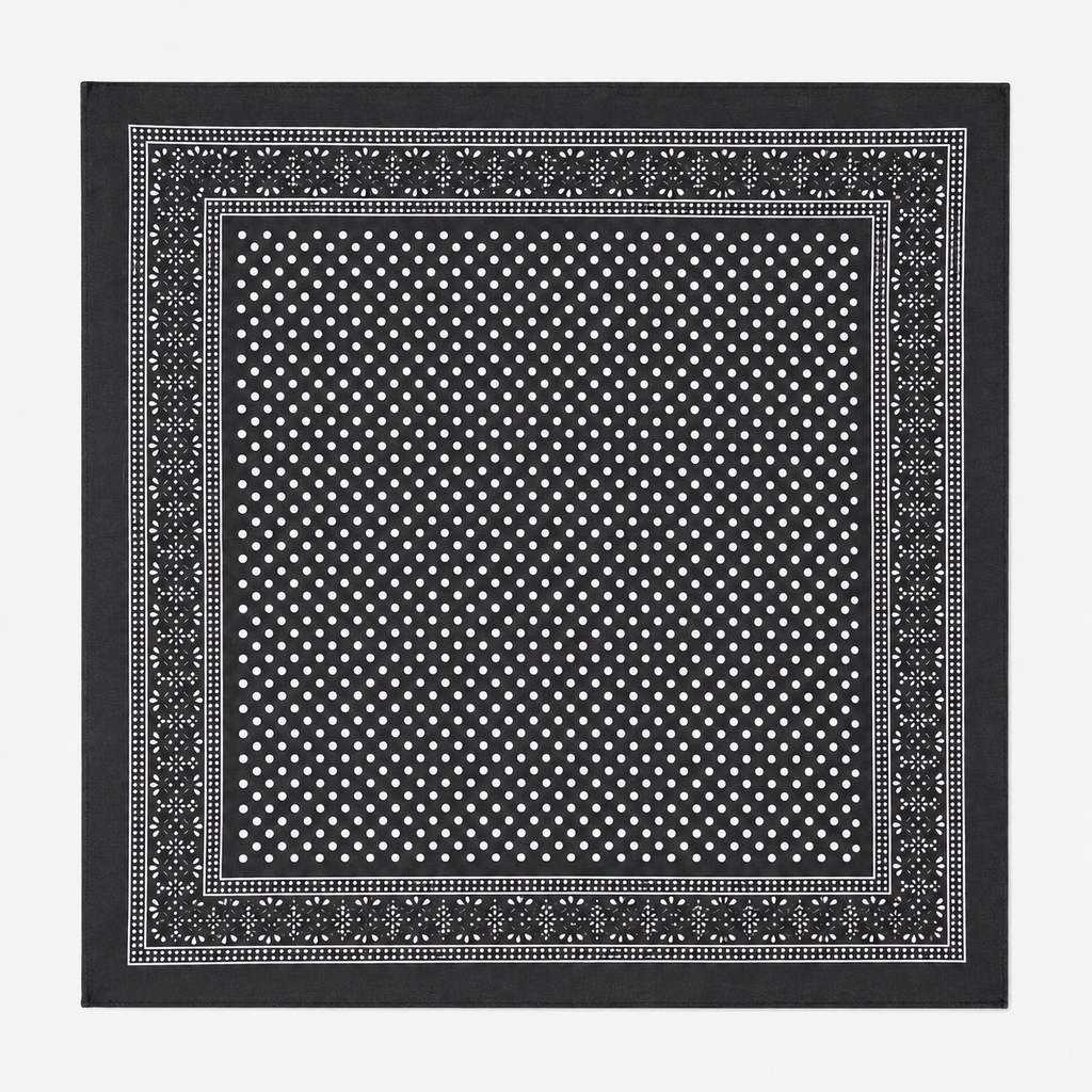 A square black bandana or scarf featuring a white polka dot pattern in the center and an ornate white border, displayed flat against a light gray background.