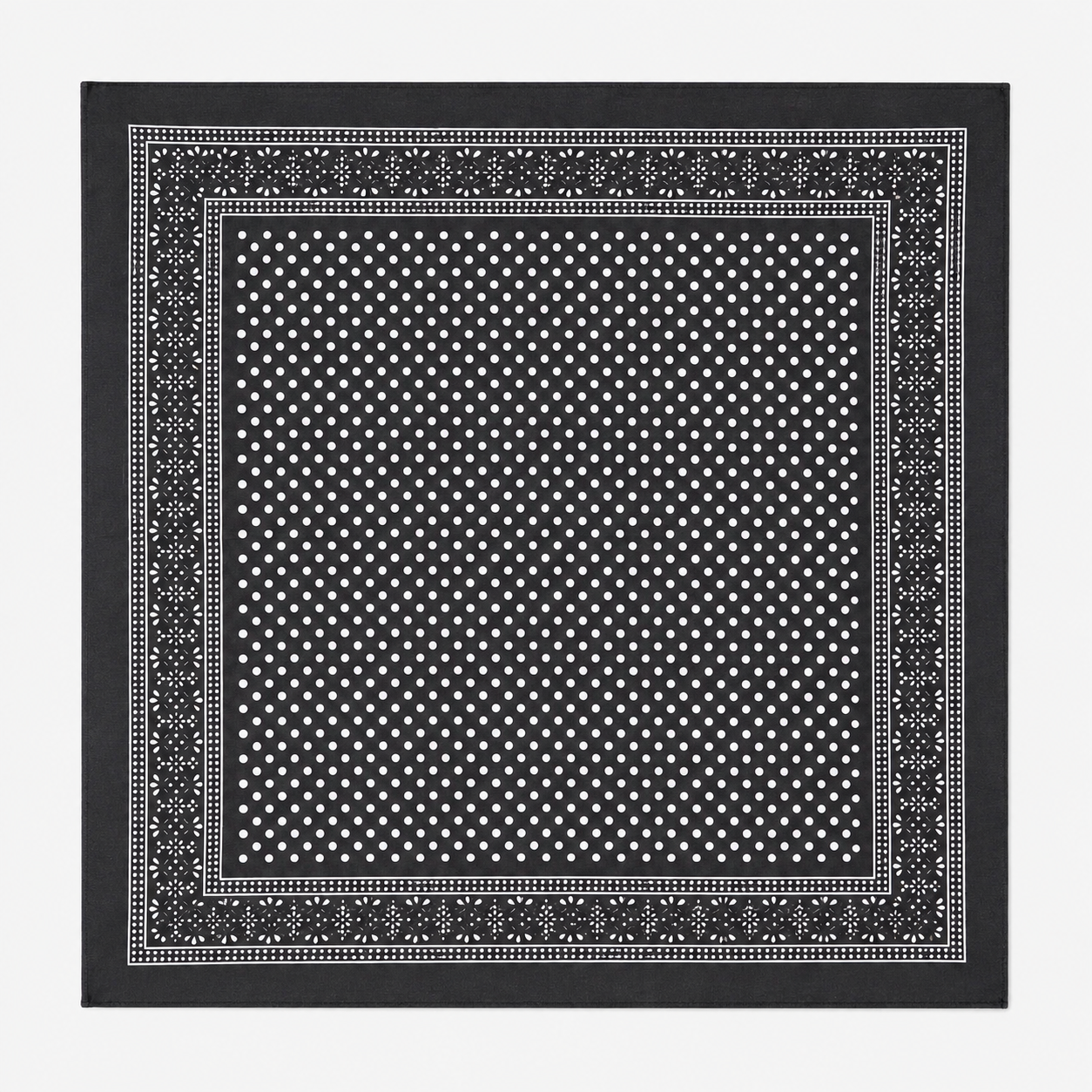 A square black bandana or scarf featuring a white polka dot pattern in the center and an ornate white border, displayed flat against a light gray background.