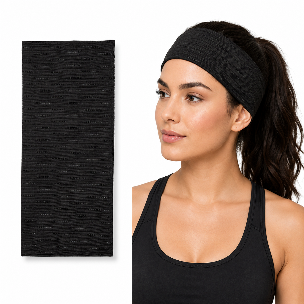 A black textured athletic headband shown both flat and worn by a model. The model is wearing a black sports tank top and has her hair in a ponytail, set against a plain white background.