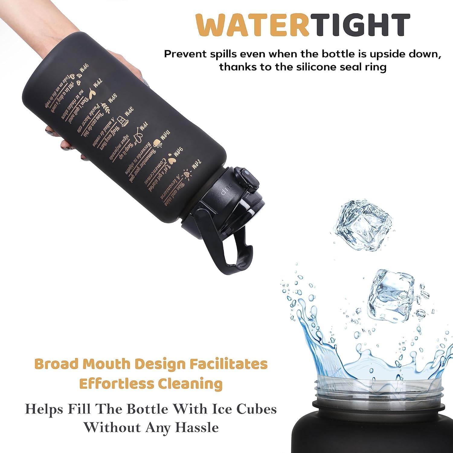A matte black insulated water bottle with a wide mouth and carrying loop, shown being tilted by a hand on a white background with marketing text and a splash graphic.