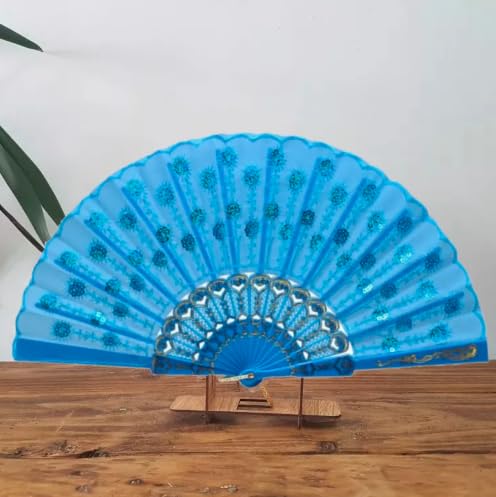 Elegant classic silk handheld folding fan with intricate Chinese and Spanish designs, perfect for weddings, parties, and performances.