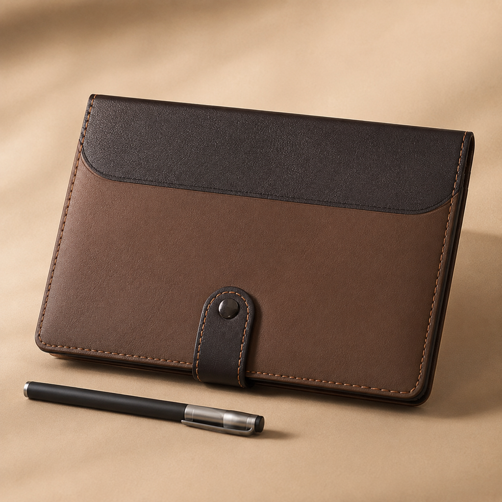 A brown and black faux-leather card holder or organizer pouch with a snap-button strap, shown on a beige background with a black pen in front.