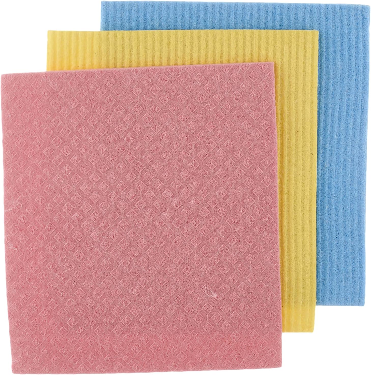 Three textured cleaning cloths in pink, yellow, and blue, arranged in a stacked fan shape on a white background.