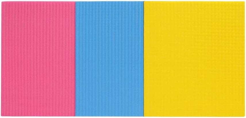 Three textured rectangular foam mats in vertical color blocks: pink on the left, blue in the center, and yellow on the right, shown against a white background.