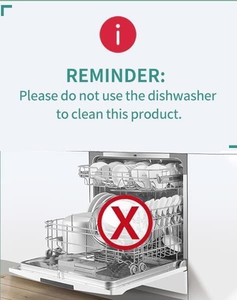A warning graphic for a dishwasher showing an open dishwasher with dishes inside and text that says, 'REMINDER: Please do not use the dishwasher to clean this product.' with a red prohibition symbol over the lower rack.