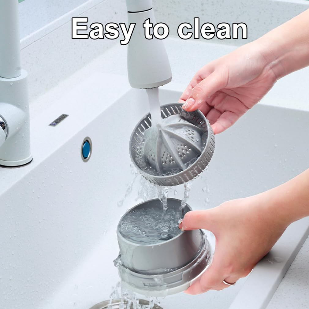 Person washing a kitchen strainer under running water with text 'Easy to clean' above.
