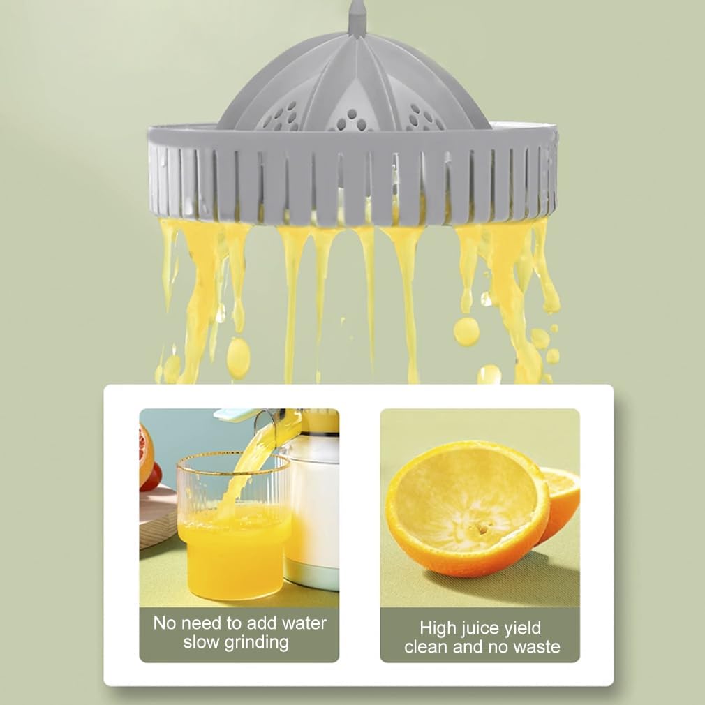 Orange juicer with orange juice dripping, showing benefits on a light green background