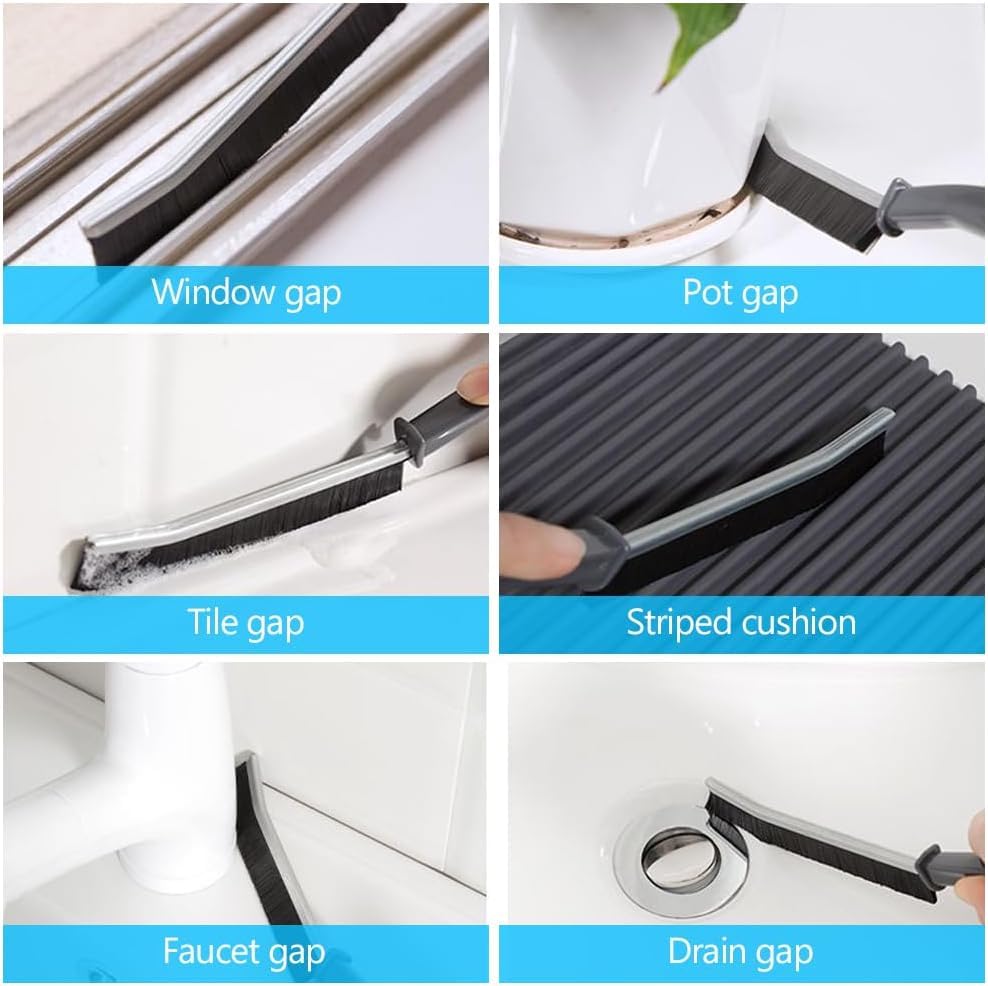 Collage of a cleaning tool being used to clean various gaps including window, pot, tile, faucet, and drain.