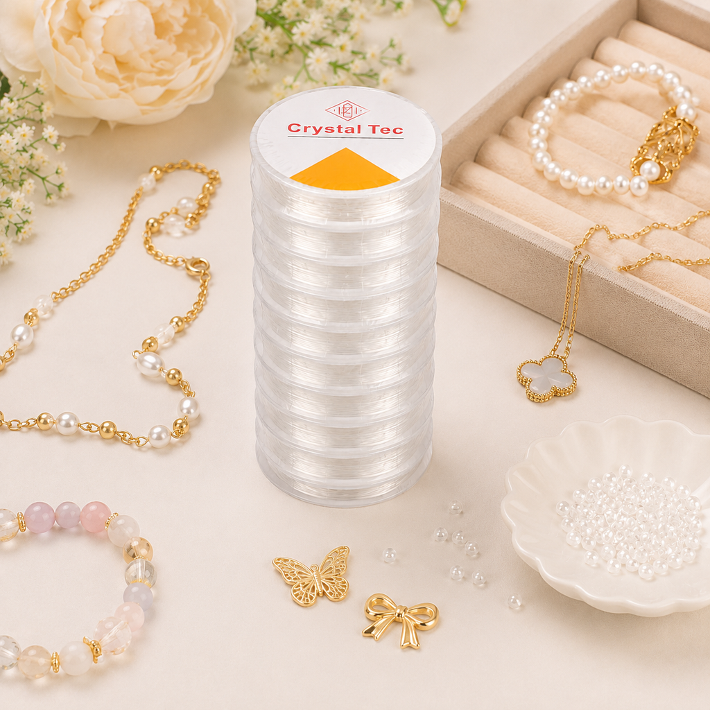 A stack of clear plastic spools of thread or cord labeled Crystal Tec, styled on a light beige surface with jewelry props including pearl bracelets, gold-tone necklaces, beads, and a flower box.