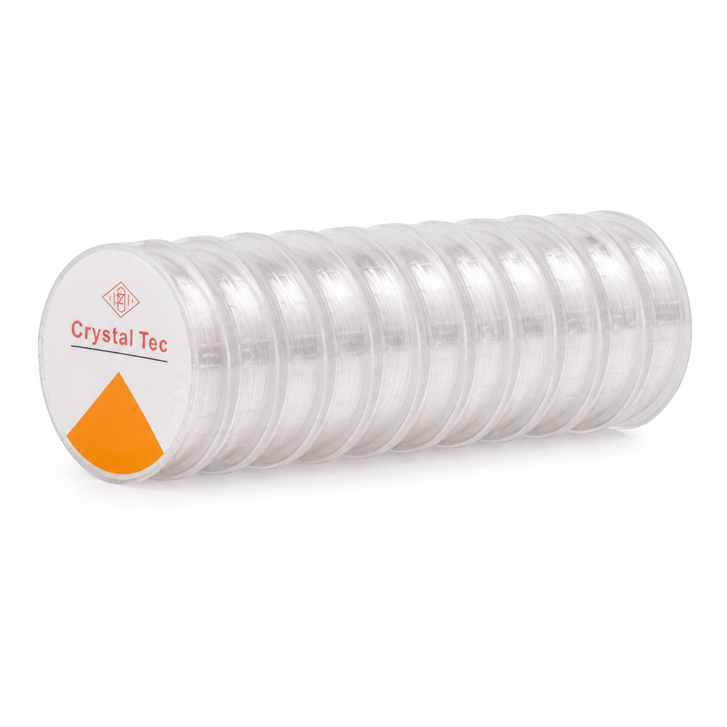 A stack of clear plastic spools of thread labeled 'Crystal Tec' with an orange accent on the top spool, shown on a plain white background.