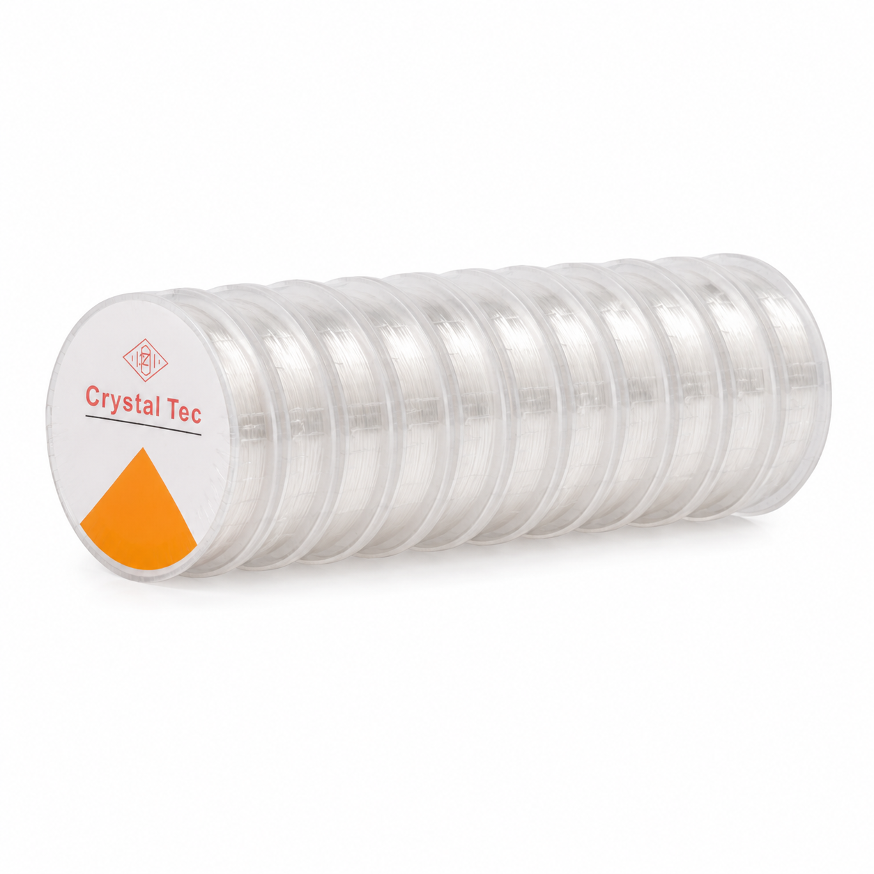 A stack of clear plastic spools of thread labeled 'Crystal Tec' with an orange accent on the top spool, shown on a plain white background.