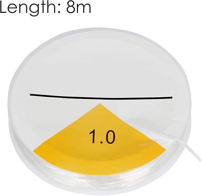 A clear circular plastic spool containing a yellow cord or strap, shown on a white background with a black measurement graphic and text reading 'Length: 8m' and '1.0'.