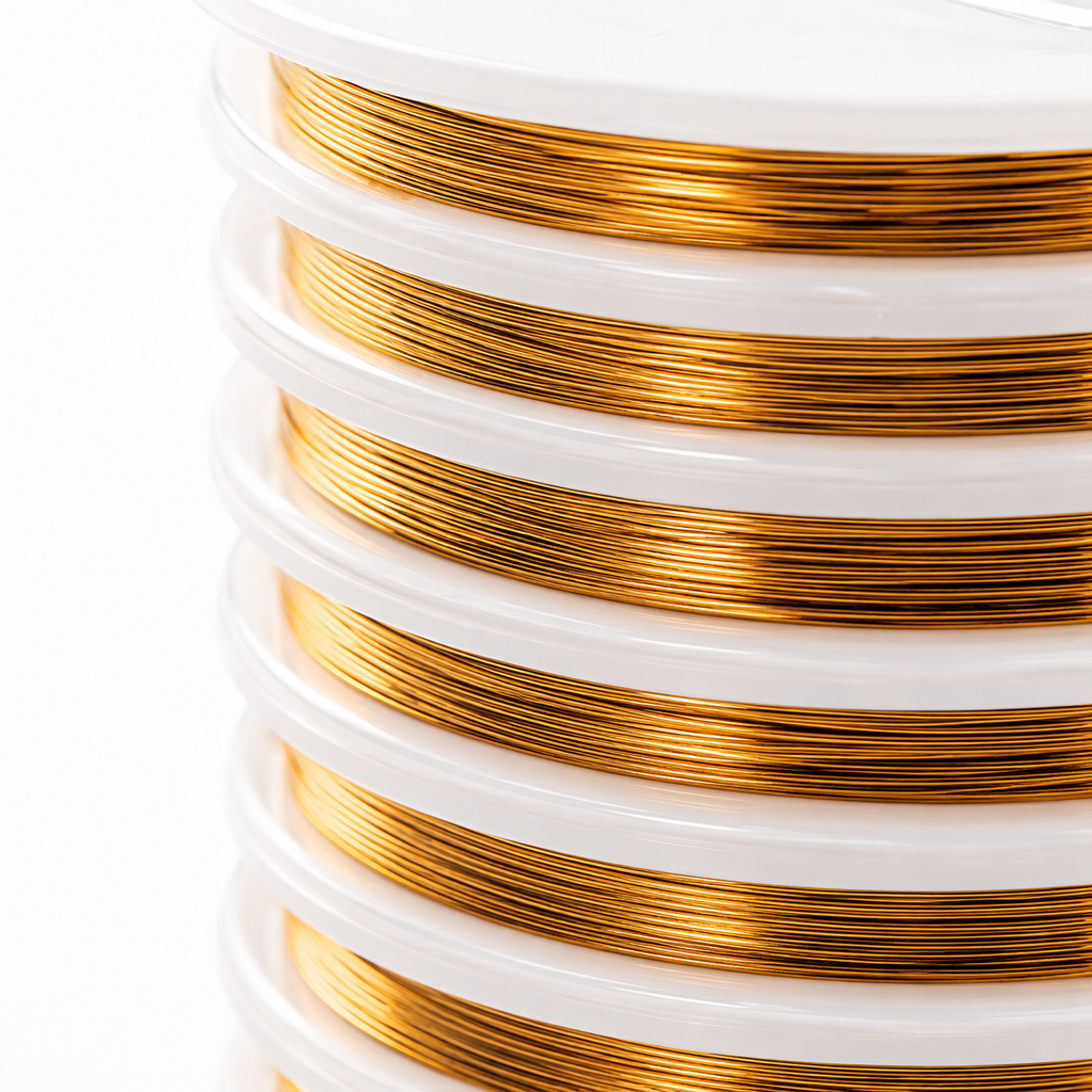 A close-up of stacked white plastic spools wound with metallic gold-colored wire, set against a clean white background.