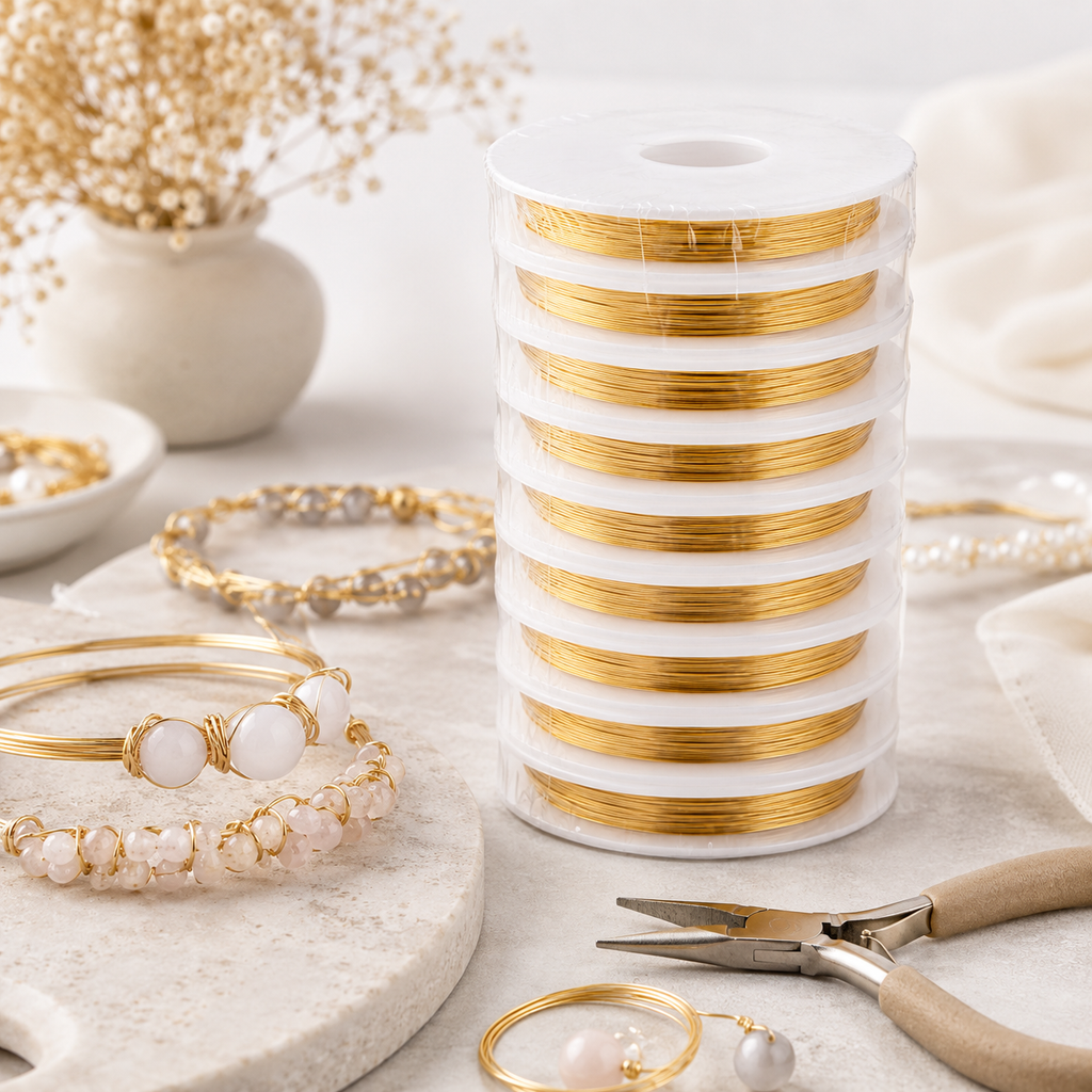 A spool of gold wire wrapped in clear plastic stands on a light stone surface, surrounded by jewelry-making tools and finished bracelets, beads, and earrings in a soft, styled studio setting.