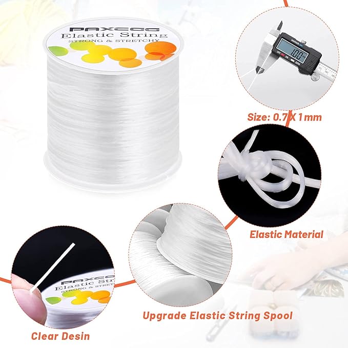 Elastic string spool with digital caliper, close-up of string, and clear design details.