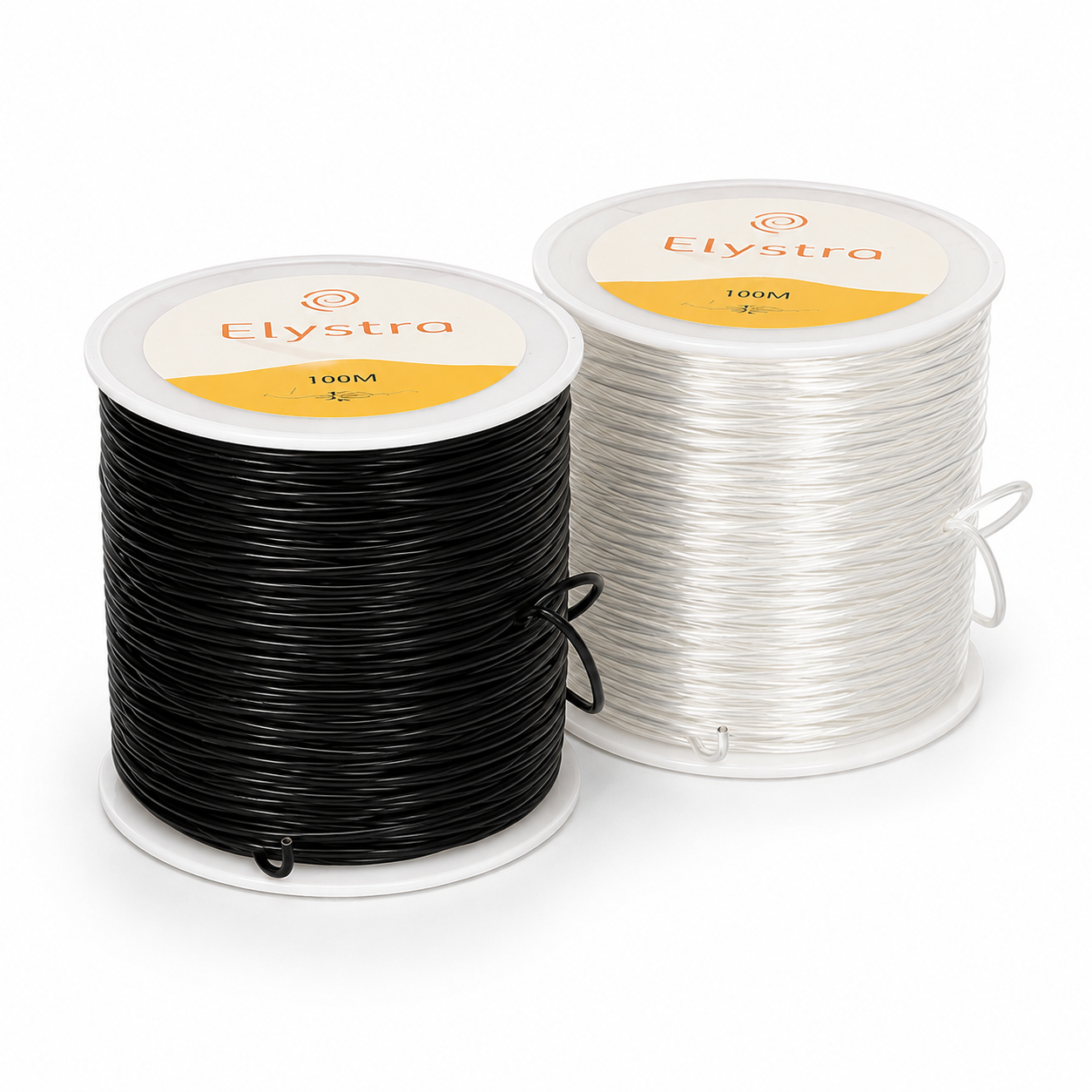 Two spools of Elystra 100m elastic cord, one black and one clear/white, shown on a white background.