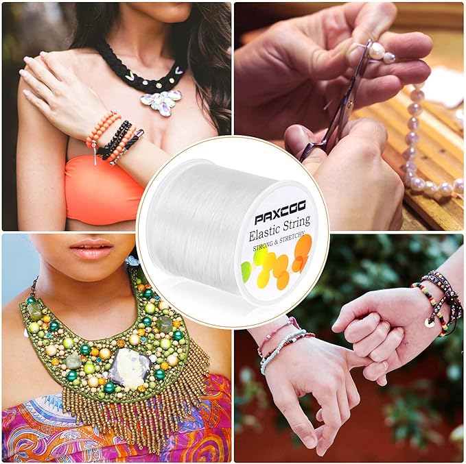 Collage of people wearing jewelry with a focus on Paxco elastic string packaging.