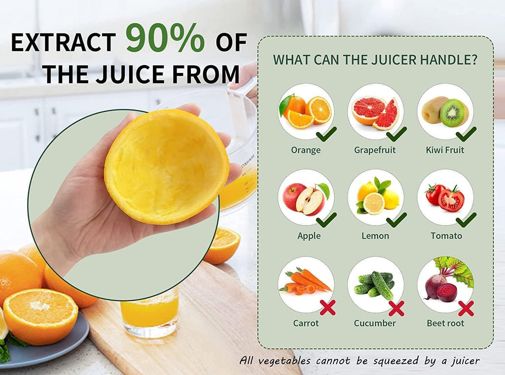 Juicer handle with fruit options and a person squeezing an orange.